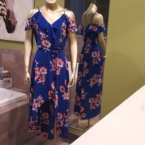 Beautiful exotic hawaiian cold shoulder floral asymmetrical dress